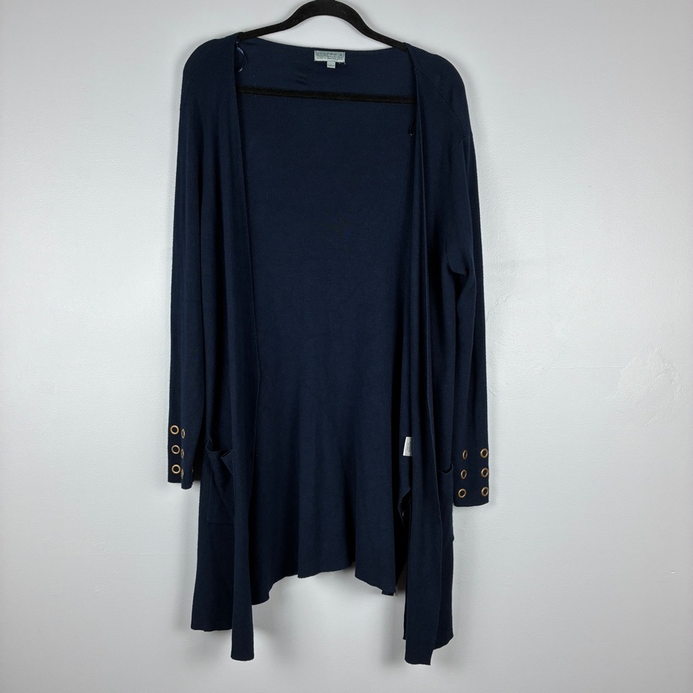 Joseph A Women Large Lightweight Long Cardigan Navy Brass Hardware Cottagecore